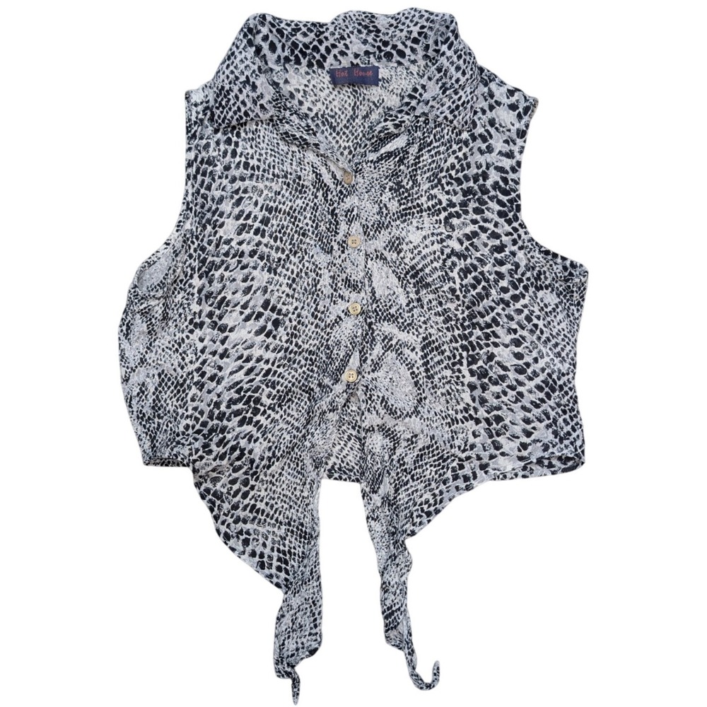 Vintage Womens Med Hot House White Black Snakeskin Prints Button-up Crop Tie Top